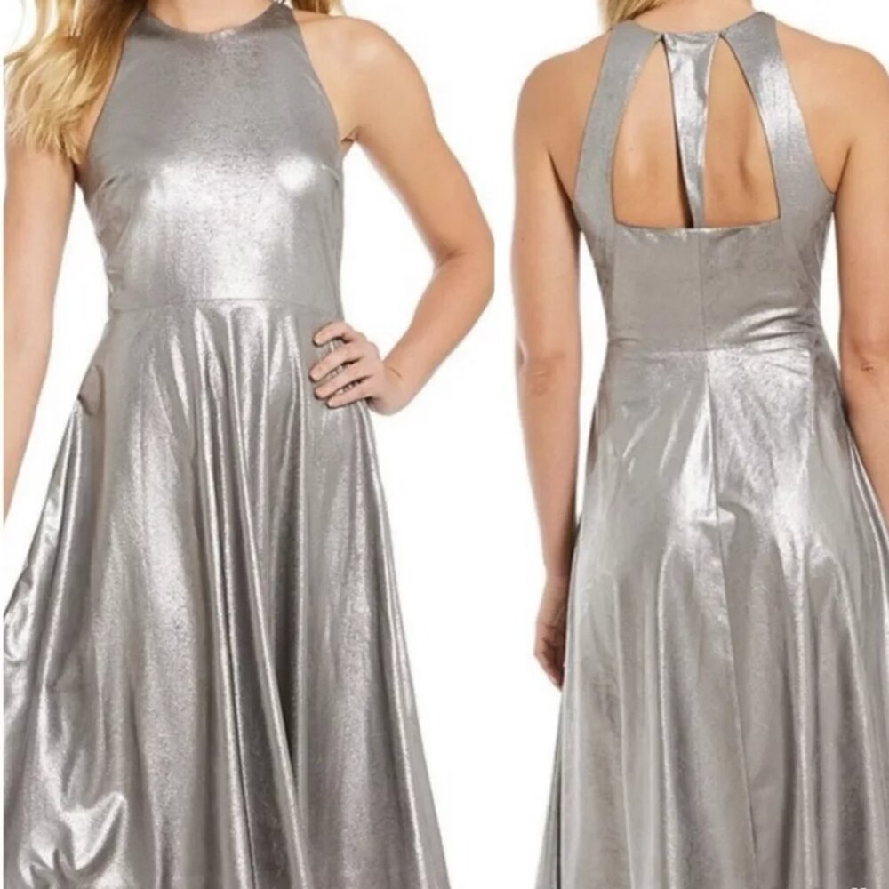 Halston Silver Metallic Faux Suede Halter Dress Sz 10 Cut Out Back Lined Zip